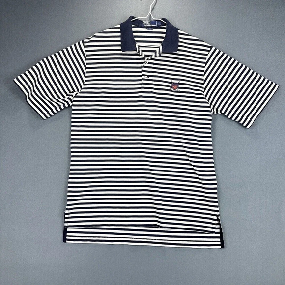 Ralph Lauren Polo Shirt Mens Large Navy Striped Shield Short Sleeve Fine Cotton - Picture 2 of 14